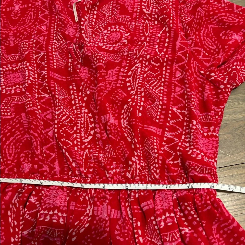 Free People Blouse. Red Sheer Asymmetrical Bell Sleeve. Medium. - Picture 9 of 9